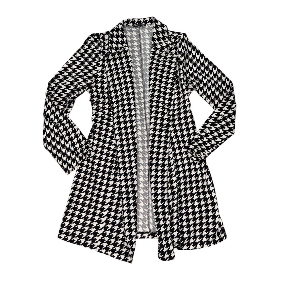 SHEIN Black and White Houndstooth Open Front Blazer